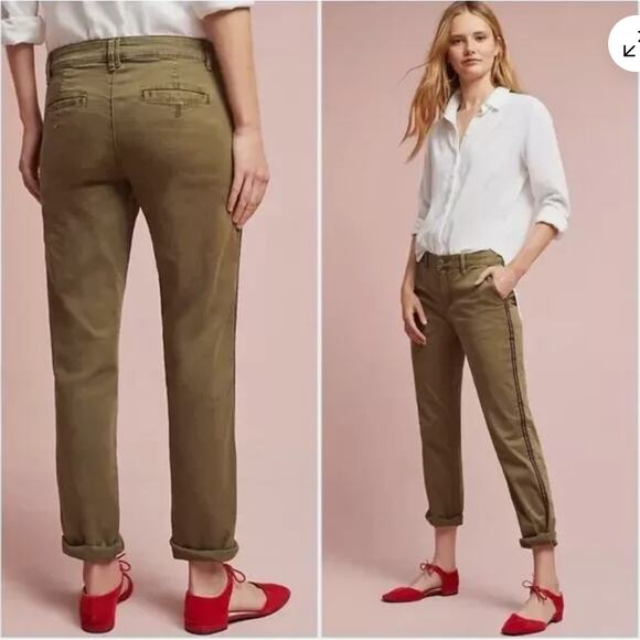 Anthropologie Relaxed Striped Chino Pants Velvet Army Green Boho Womens Size 30 - Picture 2 of 13
